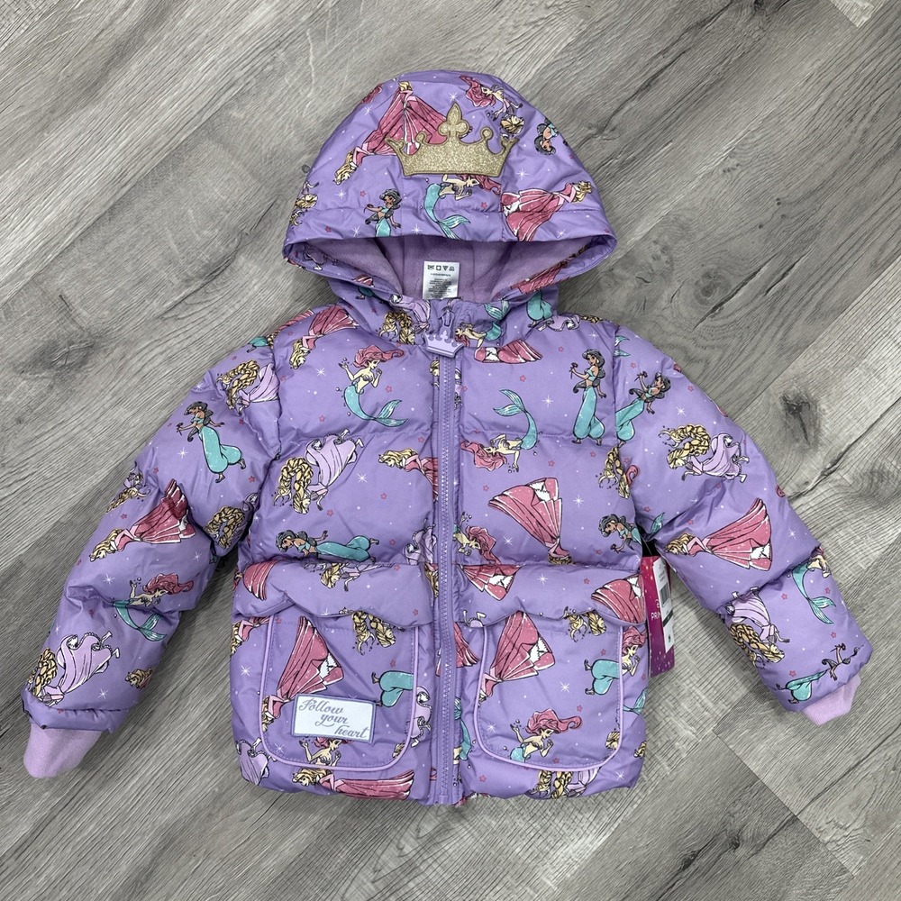 NWT Disney Princess Puffer Jacket Winter Coat Hood Purple Size Toddler Girl 5T